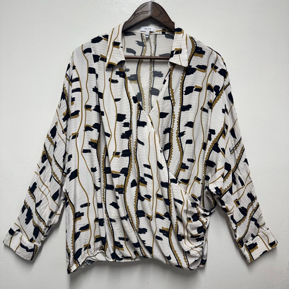 Reiss Wrap Blouse Top US14 Ivory Abstract Viscose Minimalost Designer Coastal